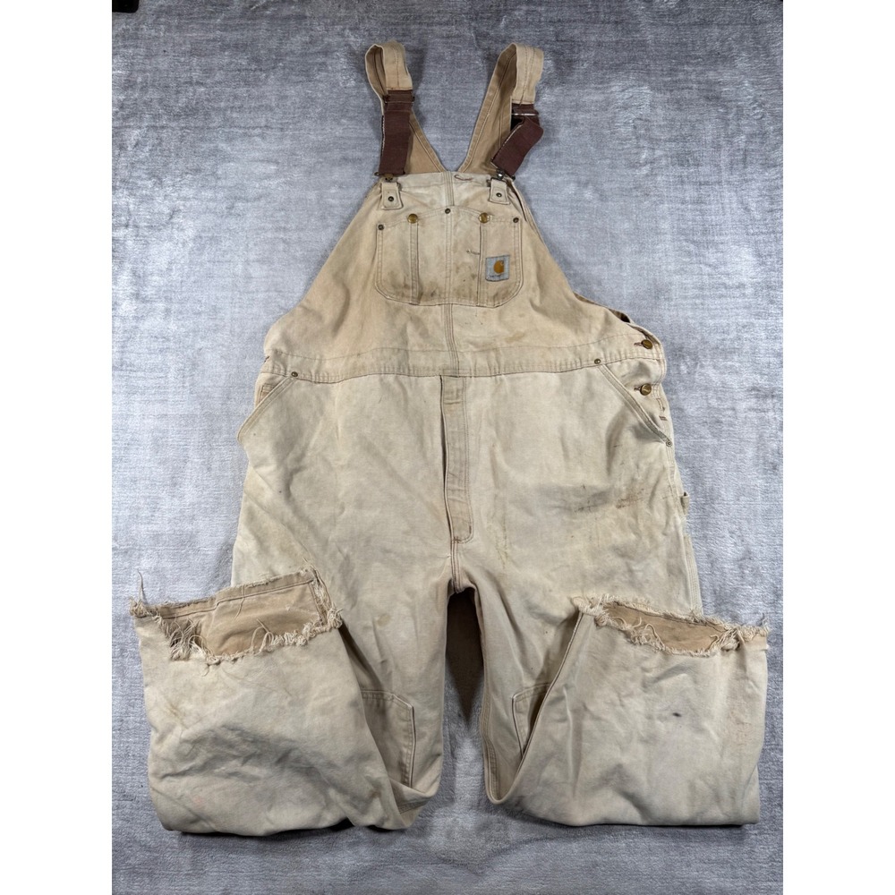 Carhartt Bib Overalls Mens 52x30 Brown R01 Duck Distressed Workwear Canvas Bibs